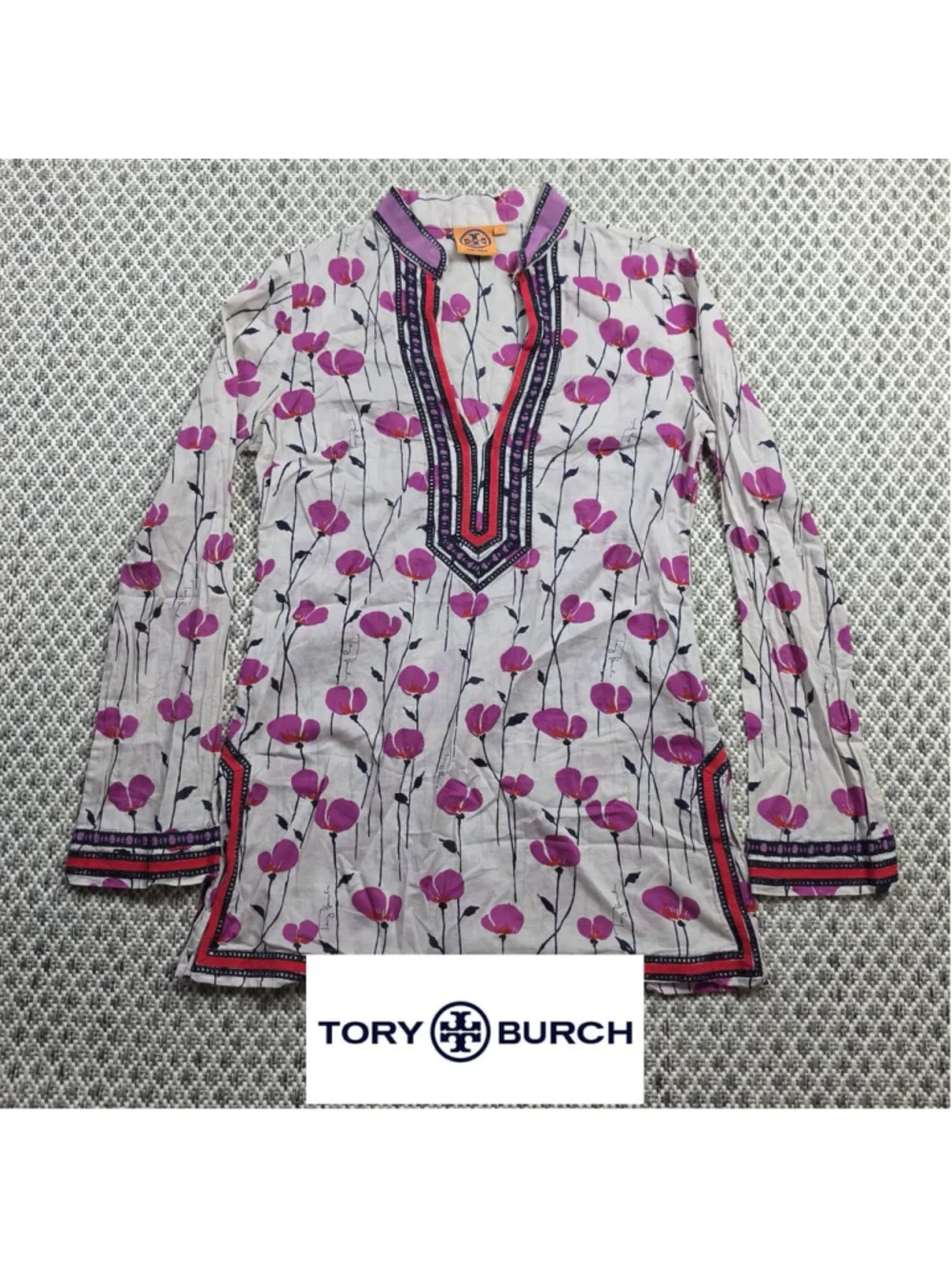 Tory Burch Womens 2 Floral Poppy Print Embroidered Tunic Top Pink Purple